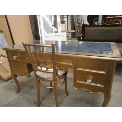 621 - A large gilt painted vintage glass top dressing table with matching bentwood chair - no drawers