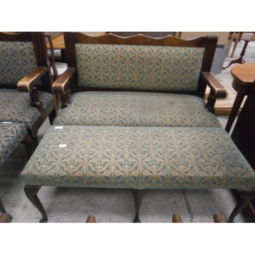 627 - A vintage wood framed bench seat with upholstered seat panels and a matching long stool