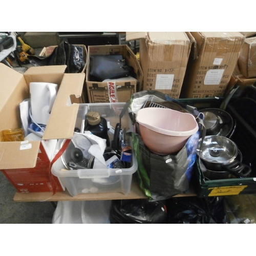 174 - Lot inc kettle, crockery, pans, baking trays, etc