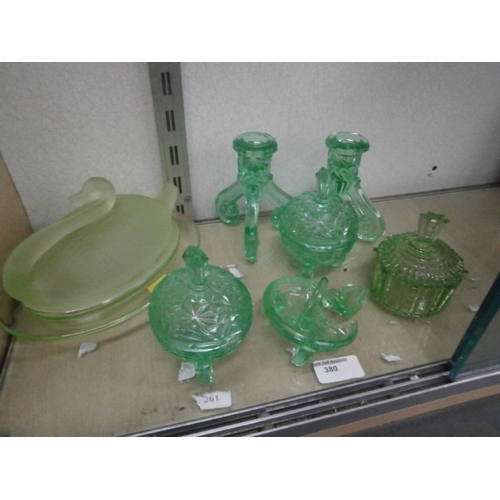 380 - Collection of green glass pieces inc uranium glass, one as found