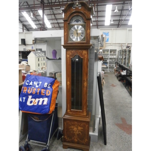 477 - Decorative inlaid grandfather clock with pendulum and weights in fully working order