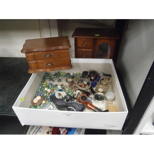 481 - Lot inc jewellery cabinets, assorted jewellery, marbles, etc