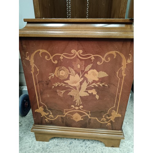 477 - Decorative inlaid grandfather clock with pendulum and weights in fully working order