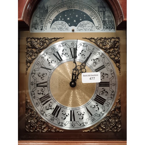 477 - Decorative inlaid grandfather clock with pendulum and weights in fully working order