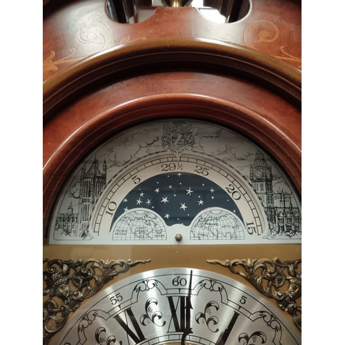 477 - Decorative inlaid grandfather clock with pendulum and weights in fully working order