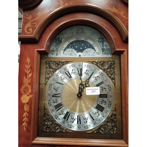 477 - Decorative inlaid grandfather clock with pendulum and weights in fully working order