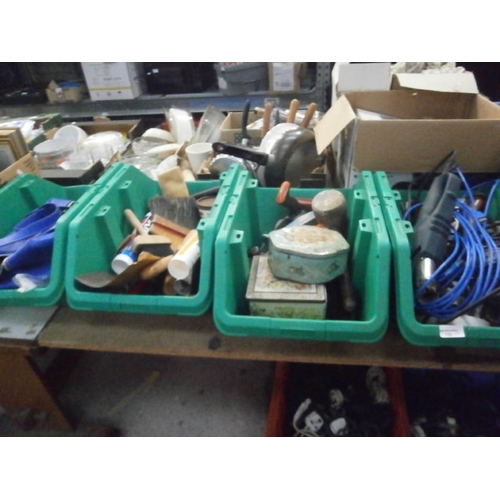 135 - Four plastic storage tubs containing tools and hardware