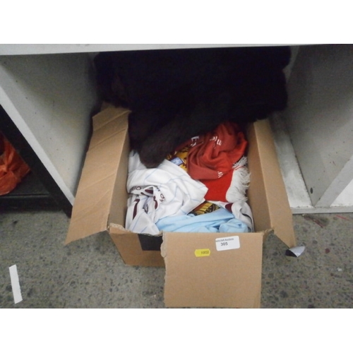 305 - Box of clothing inc football shirts and fur coat