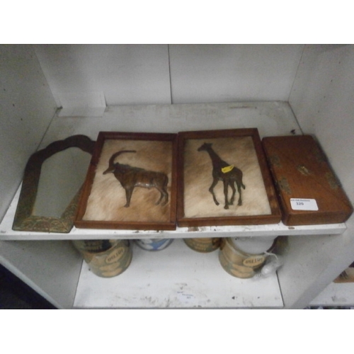 320 - Lot inc ornate brass mirror, copper animal on fur pictures, decorative wooden box