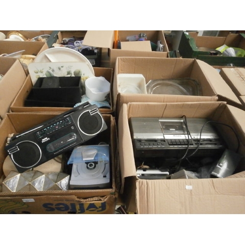 265 - Four boxes inc radios lamps, casserole dishes, etc