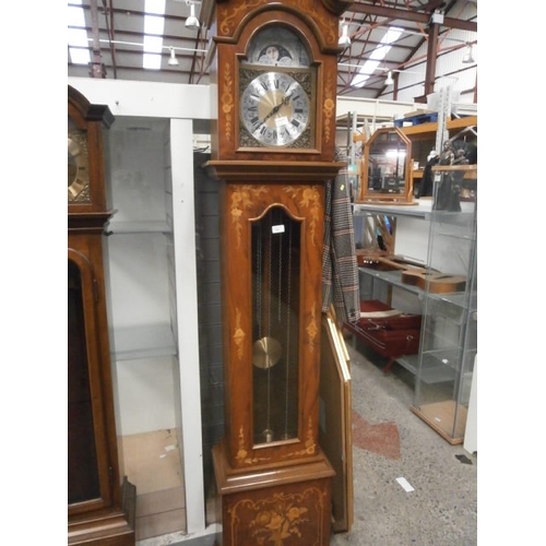 414 - Decorative inlaid Westminster grandfather clock with pendulum and weights in full working order