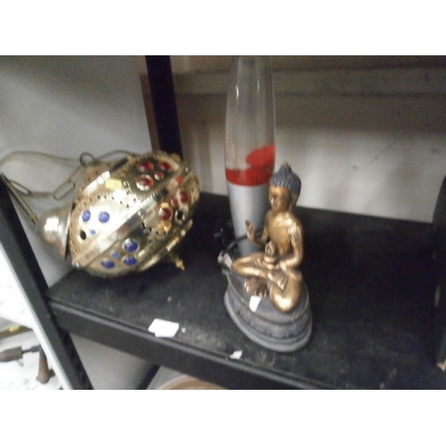 301 - Lot inc lava lamp, Hindu figurine and brass type decorative lamp fitting