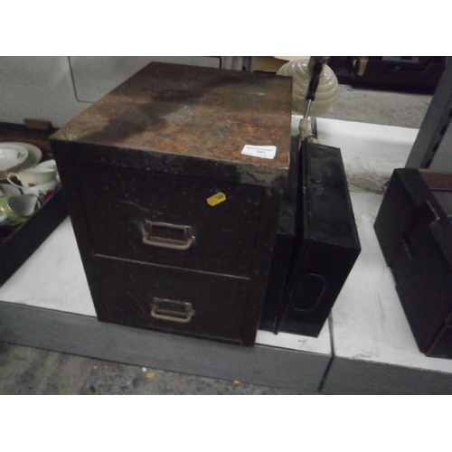 397 - Lot inc vintage metal two drawer file cabinet and old metal lock box