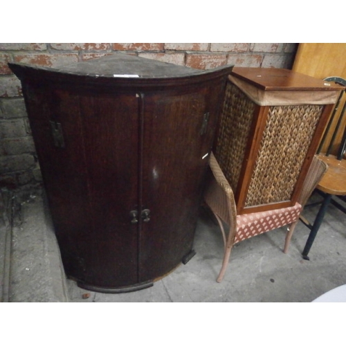 624 - 3 x items including an antique wall mounted corner cupboard and a basket bedroom chair