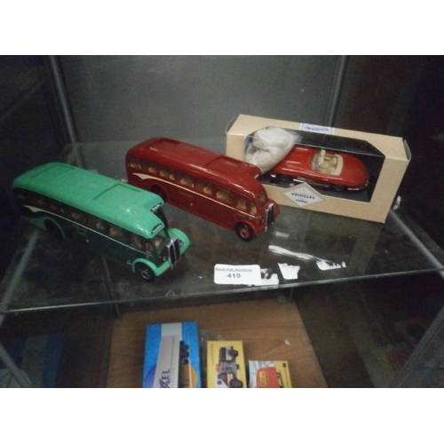 419 - Two Corgi bus models and Corgi car model