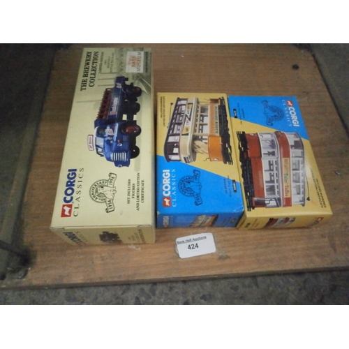 424 - Lot inc Corgi Classics trams and Corgi Classics Brewery collection Bedford bottle truck