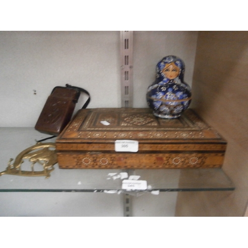 305 - Lot inc decorative inlaid box, Russian doll set, brass key hooks and leather pouch