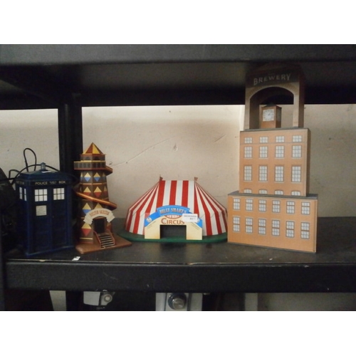 51 - Lot inc Dr Who Tardis, Tin circus and Helter skelter with Tin brewery