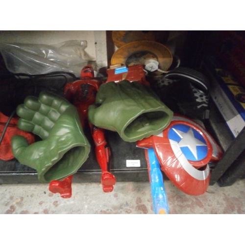 78 - Lot inc Hulk gloves, Captain America shield, Iron Man hand, etc