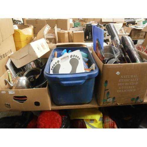 101 - Three boxes inc pans, household chemicals, posters, bathroom scales, etc