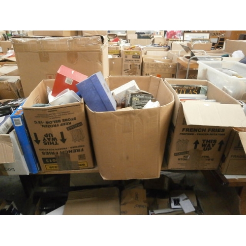 105 - Five boxes inc books, hair clippers, DVDs, crockery, vases, etc