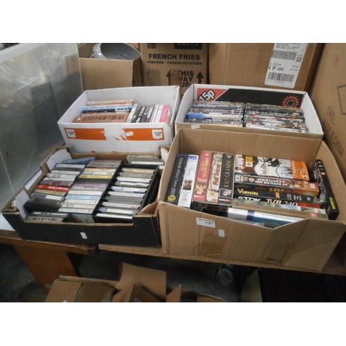 116 - Four boxes inc DVDs, videos and tapes