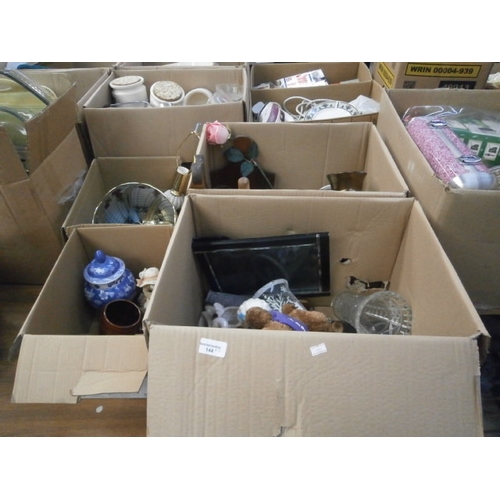 144 - Four boxes inc picture frame, lamp, glassware, vase, jug, etc