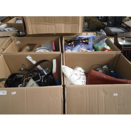 156 - Four boxes inc ornaments, clock, CD player, household chemicals, etc