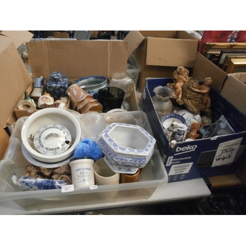 159 - Three boxes inc Blue & White pottery, ornaments, candlesticks, decorative plates, etc