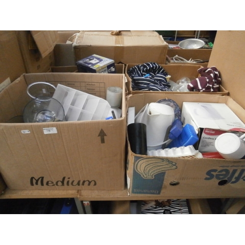 179 - Four boxes inc glassware, ornaments, picture frames, kettle, infrared lamp, etc