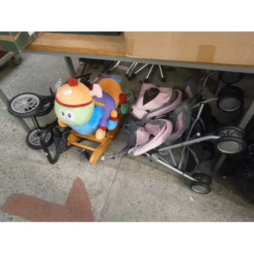 230 - Lot inc toy prams and bug rocker