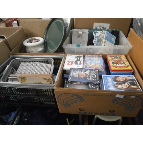 232 - Four boxes inc DVDs, CDs, clothes hook, vase, etc