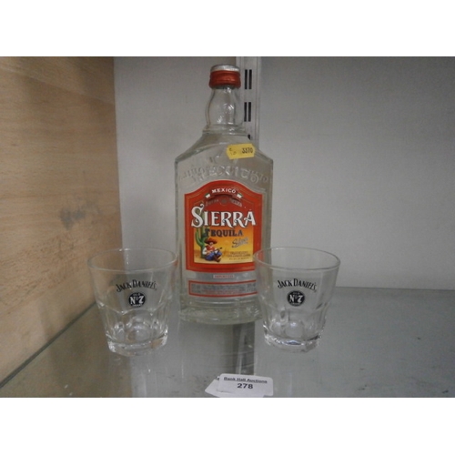 278 - 50cl Tequila and two Jack Daniels glasses