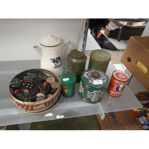 313 - Lot inc enamel coffee pot, old tins, dominoes and draughts