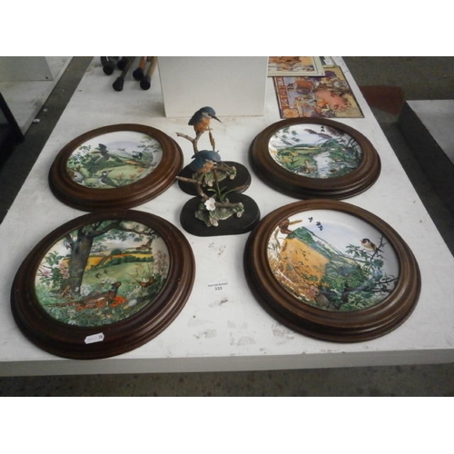 333 - Four collectable Wedgwood bird plates and two Kingfisher ornaments