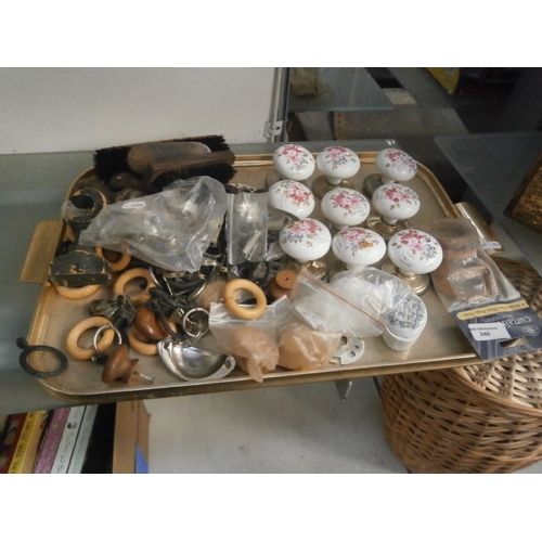 340 - Lot inc enamel door knobs, shoe shine brushes, curtain hooks, etc