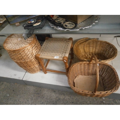 346 - Three assorted wicker baskets and stool