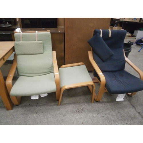 611 - 2 x cushioned wood framed chairs and a stool