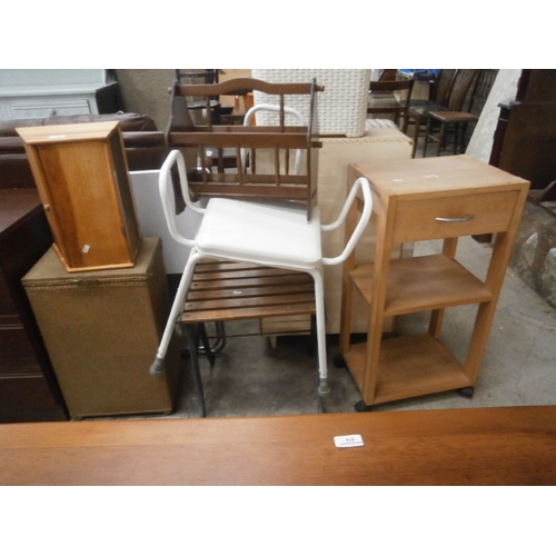 671 - 7 x assorted items including a 3 tier kitchen stand and a cast metal framed garden stool