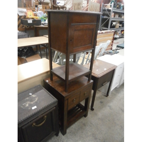 678 - A vintage lift top sewing/smoker's box with cupboard and a 2 drawer lamp table