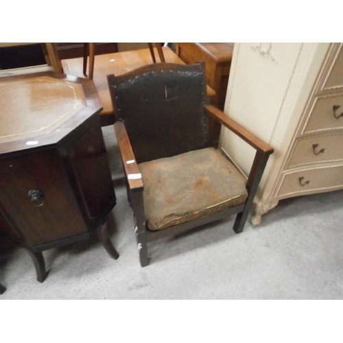 685 - A vintage wood framed nursing chair with a/f faux leather back panel