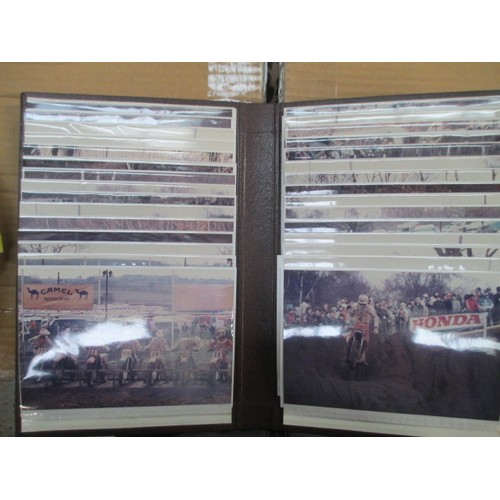 123 - Two boxes of old motocross racing photographs, Locomotive photographs, motorcycle and locomotive mag... 