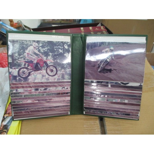 123 - Two boxes of old motocross racing photographs, Locomotive photographs, motorcycle and locomotive mag... 