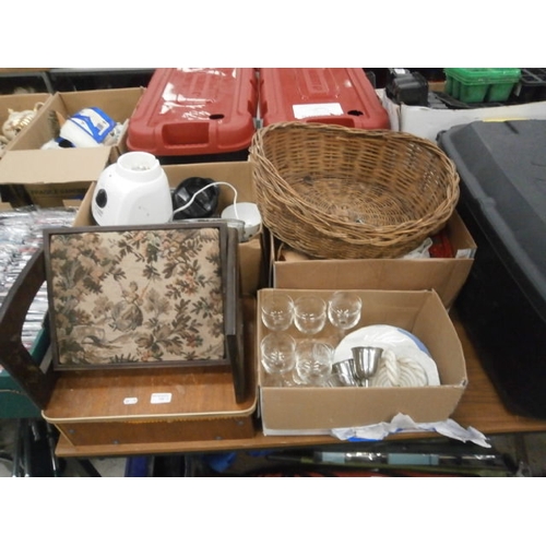 122 - Lot inc wicker pet basket, glassware, assorted materials, sewing box, etc