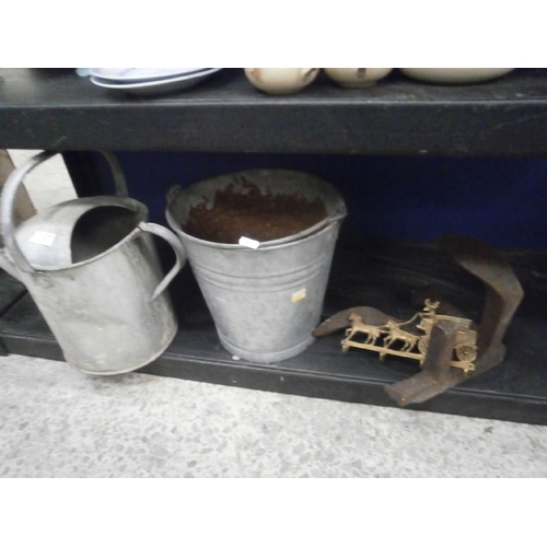 306 - Lot inc galvanised watering can and bin, cobblers last and brass key holder