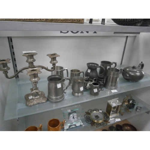 324 - Lot inc tankards, teapot, candelabra, etc