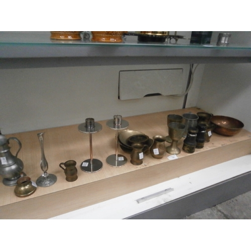 326 - Lot inc binoculars, candlesticks, copper and brass dishes, etc