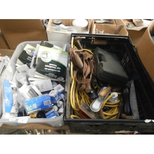 93 - Two boxes inc lightbulbs, 110v extension cable, tools, etc