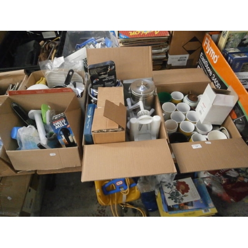 108 - Four boxes inc mugs, kitchen utensils, vacuum wine saver, etc