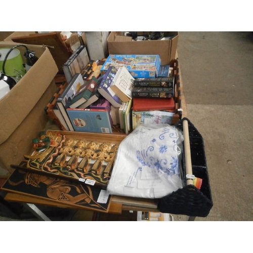 129 - Lot inc books, artwork, embroidered table cloth